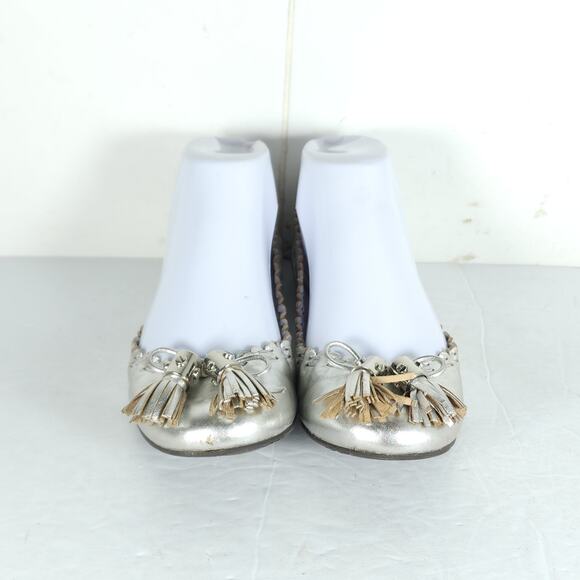 TORY BURCH Women's Reese US 6,5M Silver Leather Tassels Logo SlipOn Ballet Flats - Picture 3 of 16